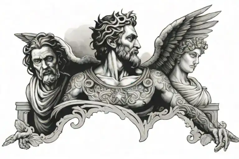full chest tattoo with face and greek building and angels tattoo design idea