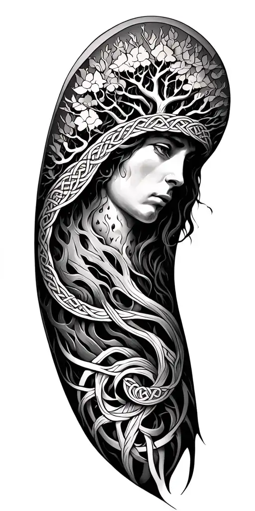 unique norse celtic sleeve with tree of life on top tattoo design idea