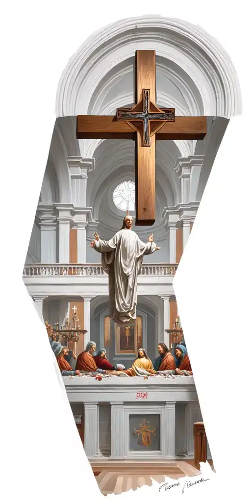 The inside of a catholic church with an upside down cross and the last supper  tattoo design idea