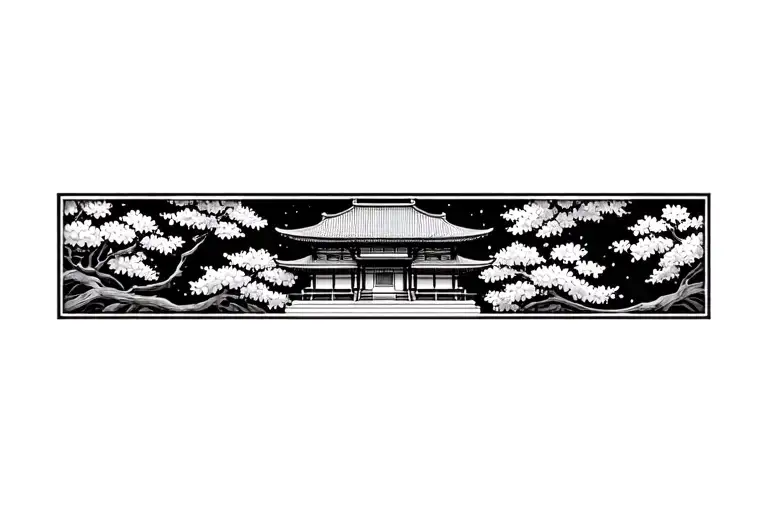 Thin line tattoo bracelet (5 cm height), featuring a small Japanese temple in the center, with cherry blossom (sakura)  tattoo design idea