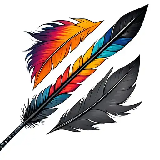 Half -split arrow with colored feathers and black obsidian tip tattoo design idea