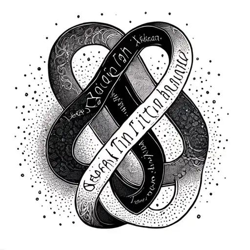 Single infinity symbol intertwined with the names Kylian, Xaviera, Titouan, and Charly tattoo design idea