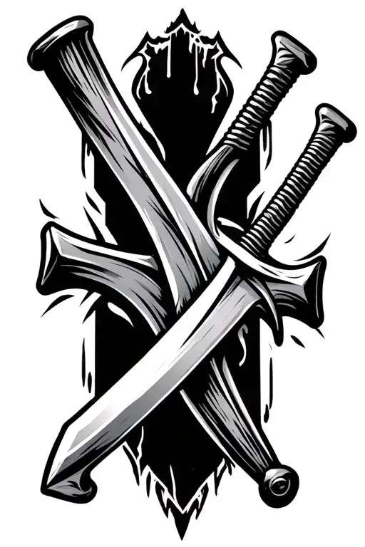cross sword baseball bat intertwined tattoo design idea