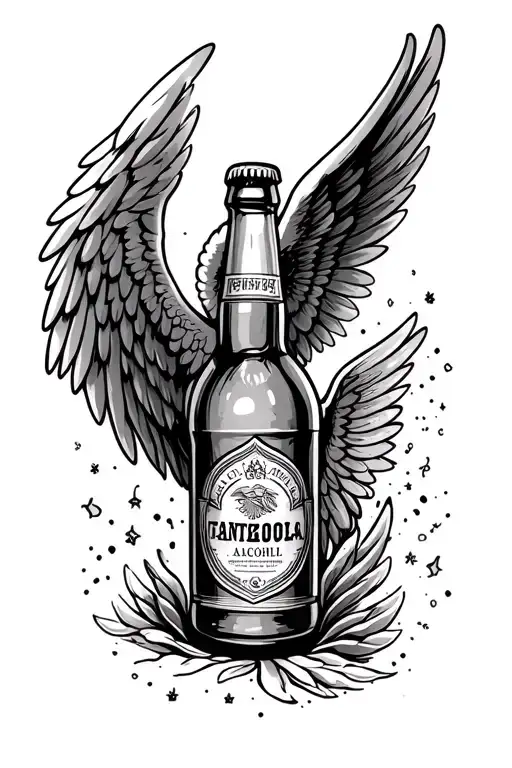 alcohol bottle with angel wings tattoo design idea