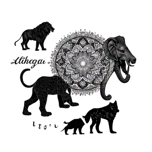 A dotwork mandala incorporating various animal silhouettes like a lion, elephant, and wolf, representing strength and resilience tattoo design idea