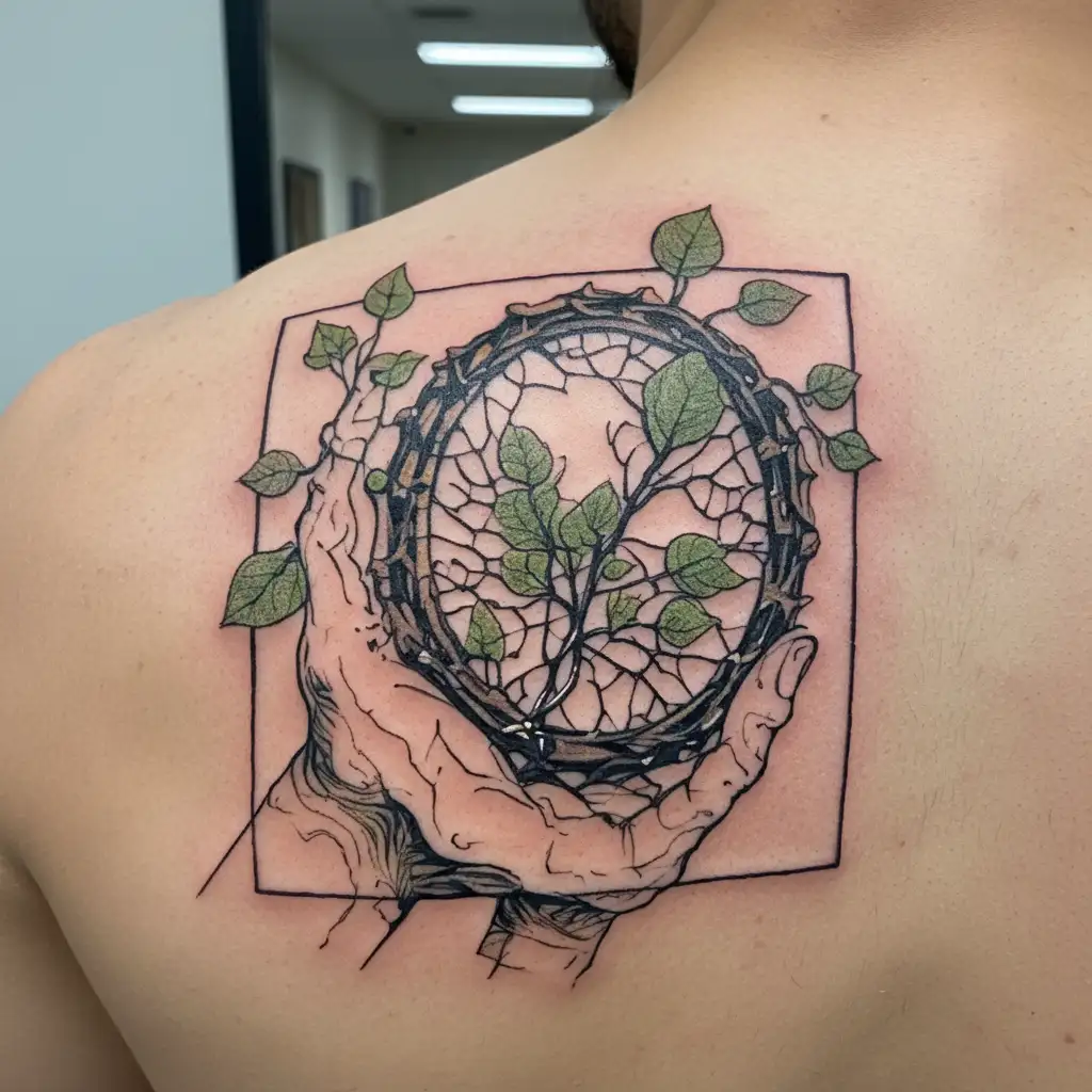 a broken mirror reflecting a green sprout + saphirre + light + hands tattoo design idea