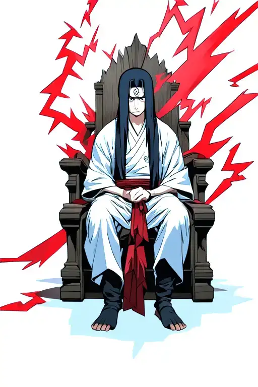 uchiha itachi in Akatsuki attire looking calm sitting on a throne and red lightning storm surrounds him tattoo design idea