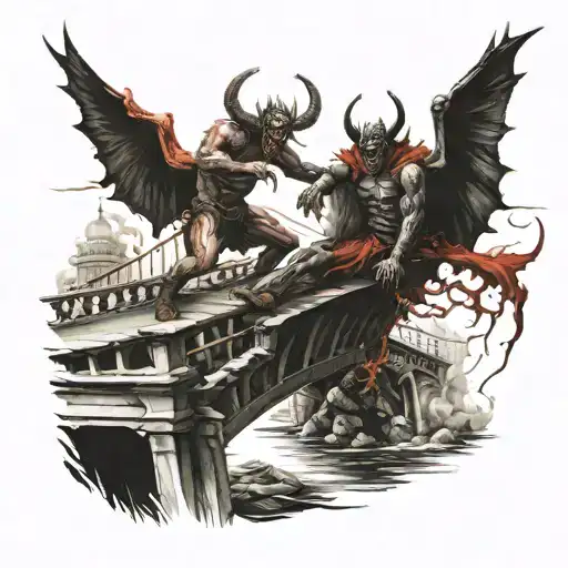 2 people in hell on a bridge fighting off demons to not fall in the fire tattoo design idea