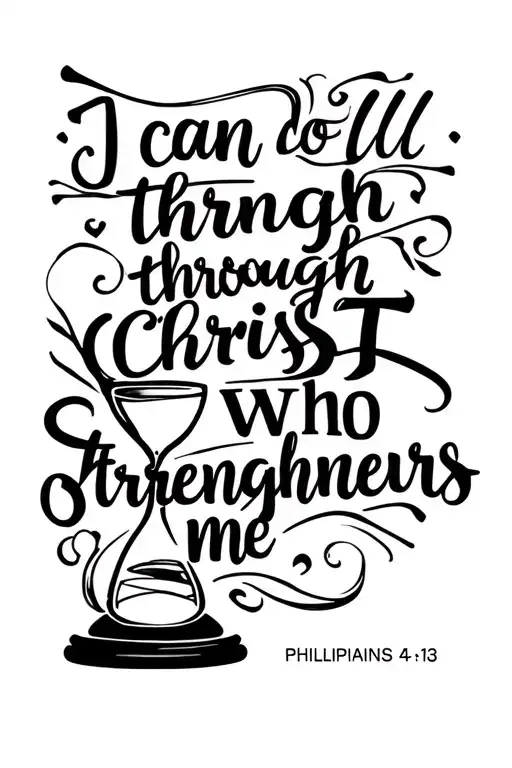 The bible verse "I can do all things through christ who strengthens me" Philippians 4:13 with an hour glass around it tattoo design idea