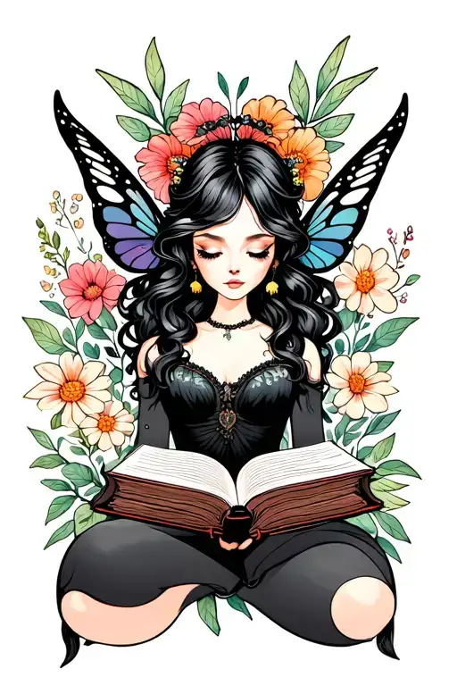 black fairy reading books surrounded by florals tattoo design idea
