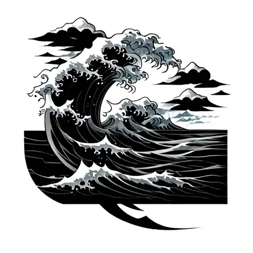 TATTOO IN PONSKY STYLE all over the calf, below is a pattern of Japanese waves, above is a pattern of clouds, from bottom to top is a horizontal spiral tattoo design idea