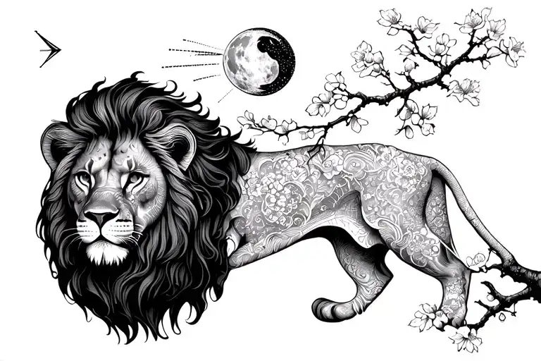 Lion, branch of sakura around, vertical arrow, radiant moon above the head, point comma tattoo design idea