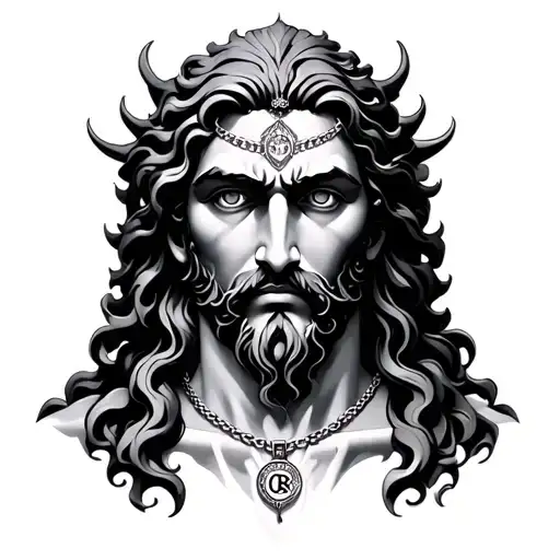 face of god with a necklace with the words "cure" tattoo design idea