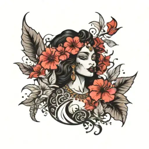 black goddess surrounded by hibiscus flowers, smoke, some red colors. tattoo design idea