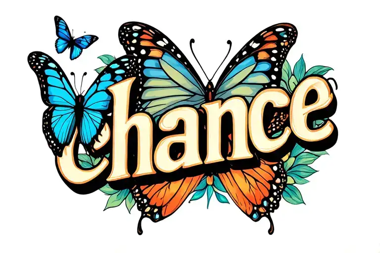 the name "chance" with 3 blue butterflies in the top left  corner and bottom right corner tattoo design idea