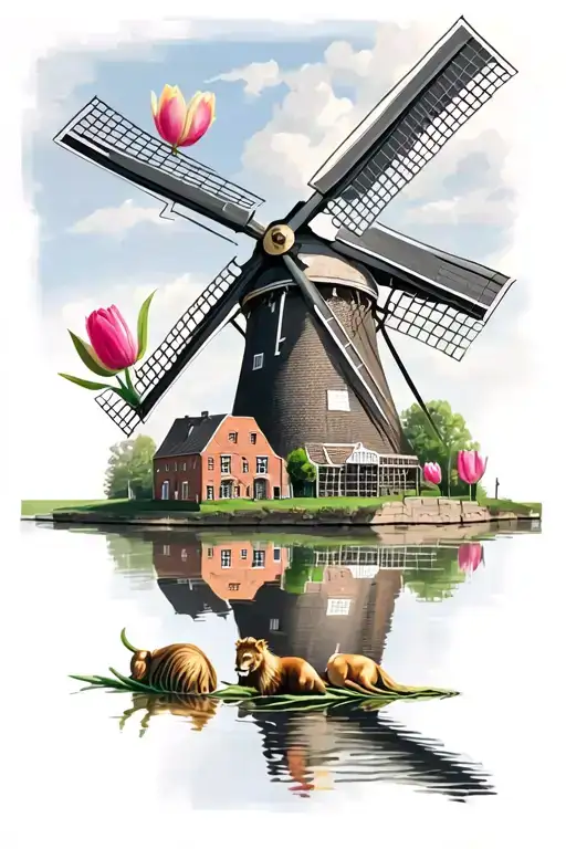 dutch windmill, holland, lion, tulip, canal scene reflected tattoo design idea