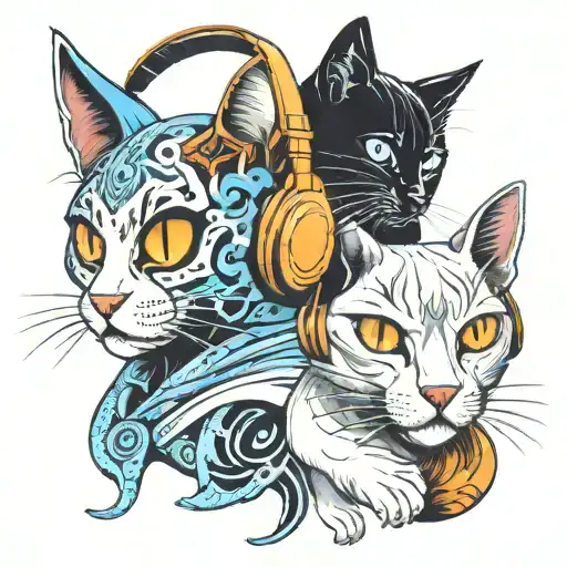 ghost and black cat wearing headphones tattoo design idea