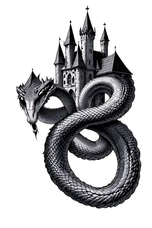 gothic castle with a snake intertwined  tattoo design idea