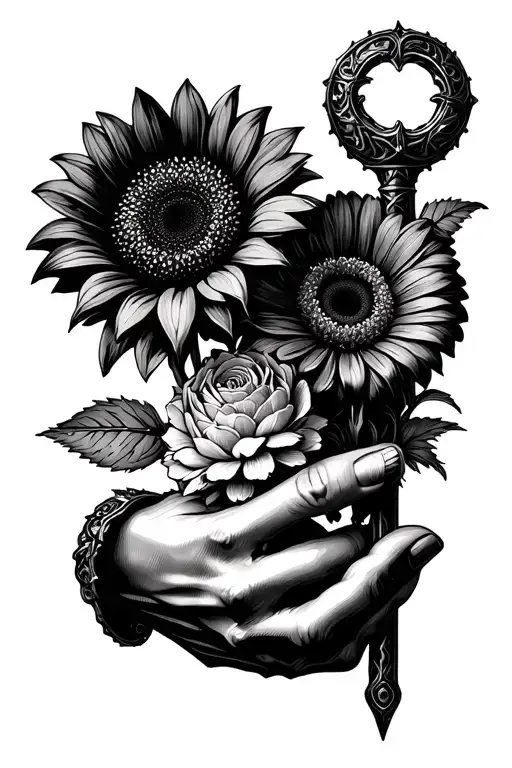 a morningstar mace with no chain, sunflower, gerbera and hydrangea held together by a hand tattoo design idea