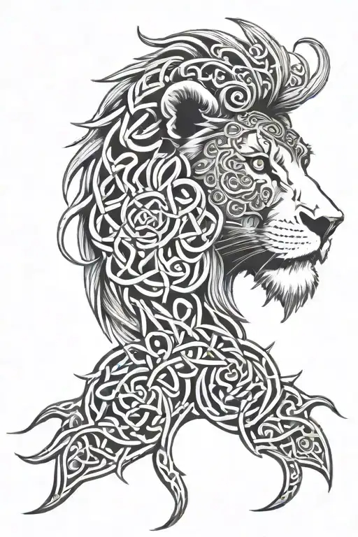 Lion head and Celtic motifs tattoo design idea