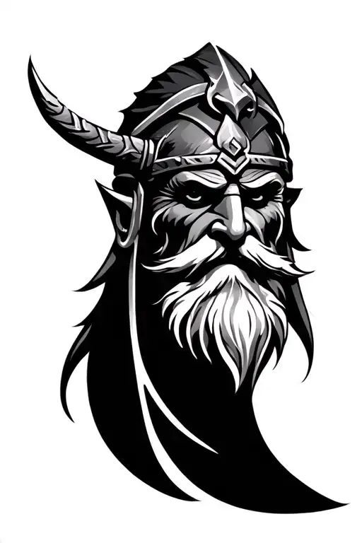 Norse Odin face close up with surrounding designs. tattoo design idea