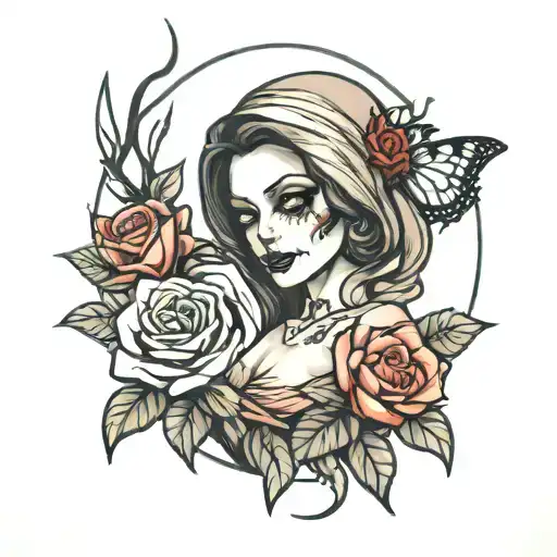 widow holding roses for the dead tattoo design idea