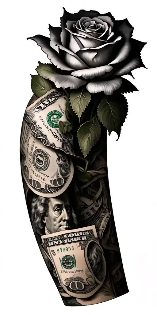 sleeve for men with one rose made from 100 dollar bill and a couple gears tattoo design idea