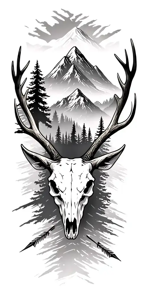 forest scene featuring an bull elk skull with mountains and arrow heads hidden in the scenery tattoo design idea