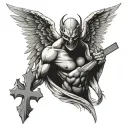 half demon half angel holding a cross tattoo design idea