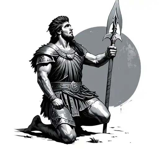 roman centurion kneeling with spear looking up tattoo design idea