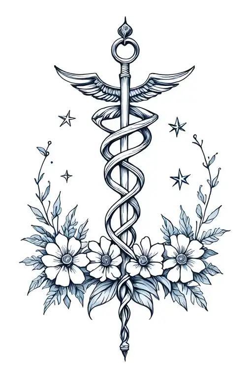 the rod of asclepius symbol with subtle flowers and stars tattoo design idea