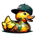 rubber duck wearing a SnapBack, with the brim of the hat backwards, 420 tattoo design idea