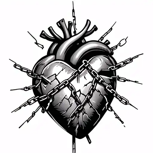 broken heart with broken chains breaking and bursting tattoo design idea