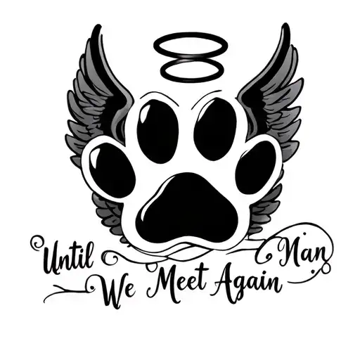 paw print with halo and angel wings and writing Until We Meet Again  tattoo design idea