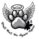 paw print with halo and angel wings and writing Until We Meet Again  tattoo design idea