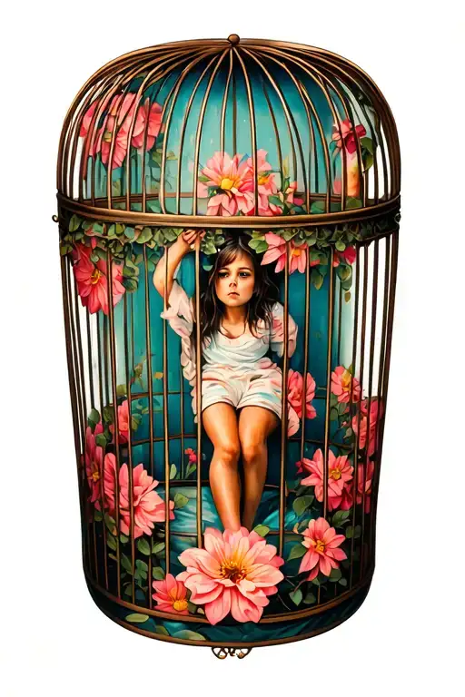 leg sleeve that includes a girl trapped in a bird cage with flowers and she has mental illness as a sexual assualt survi tattoo design idea