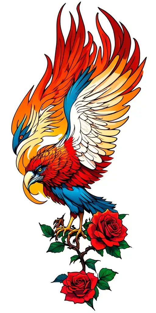 phoenix burning asnd roses tattoo design idea