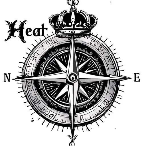 "Heather" true north compass with queen's crown about wife tattoo design idea