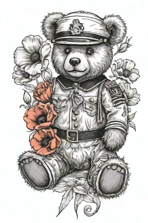 teddy bear with poppy flowers dressed in a naval uniform  tattoo design idea
