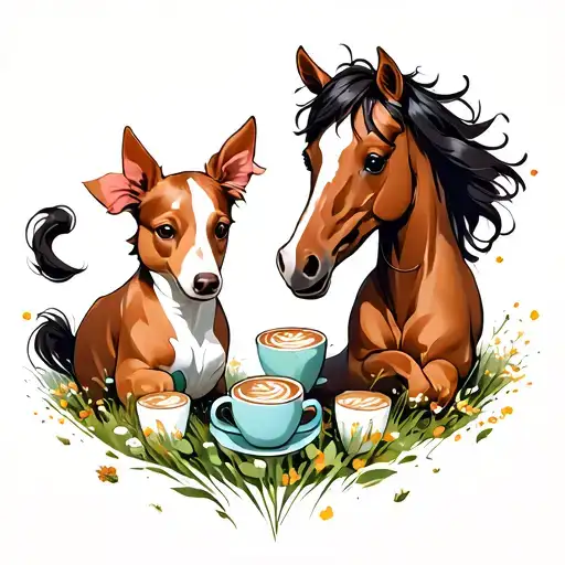 A playful dog and horse playing together in a field of chai latte cups tattoo design idea