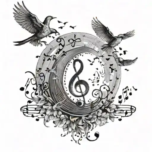 A moon made of musical notes with birds flying around it tattoo design idea
