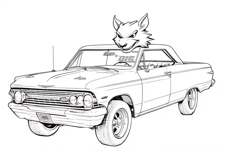 {"prompt":"Tattoo-style artwork of the Tasmanian Devil driving a maroon 1963 Chevrolet Impala hot rod with only 2 doors  tattoo design idea