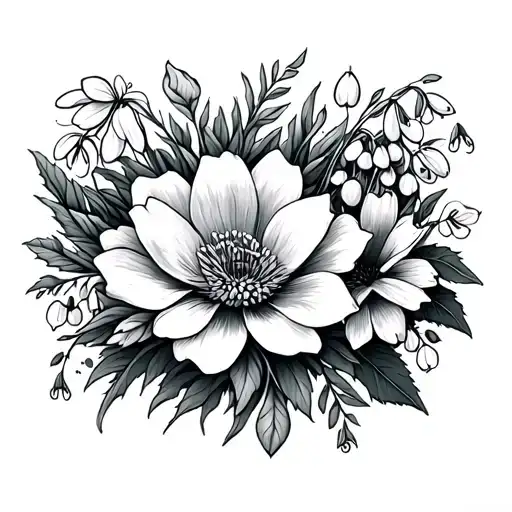 fineline bracelet with snowdrop, daffodil, lily of the valley, waterlily, poppy, chrysanthemum, holly tattoo design idea