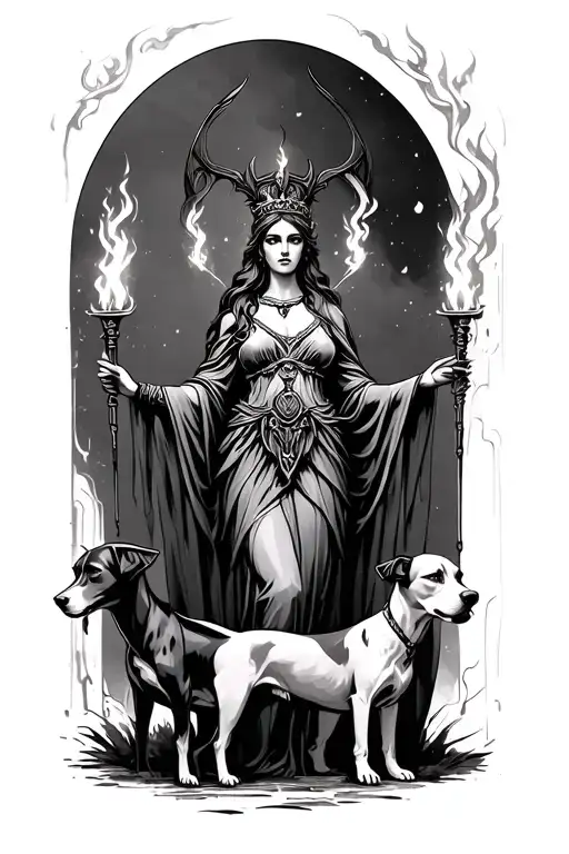 goddess Hecate with torches and dogs tattoo design idea