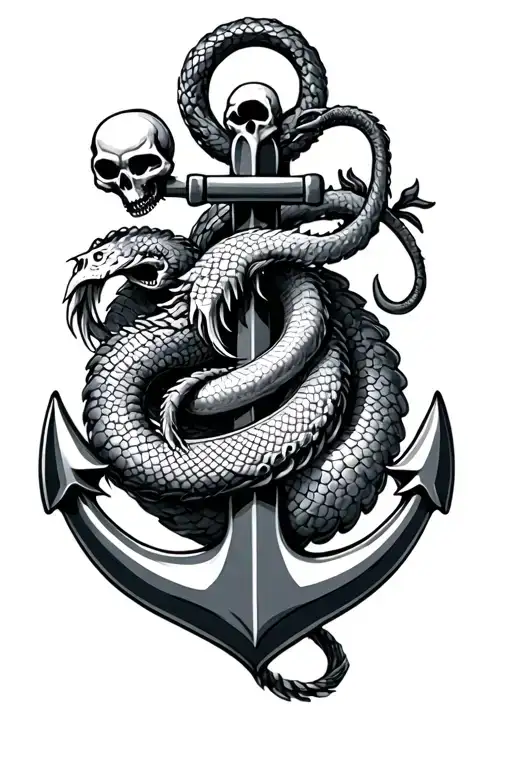 Sea Serpent wrapped around anchor with skulls tattoo design idea