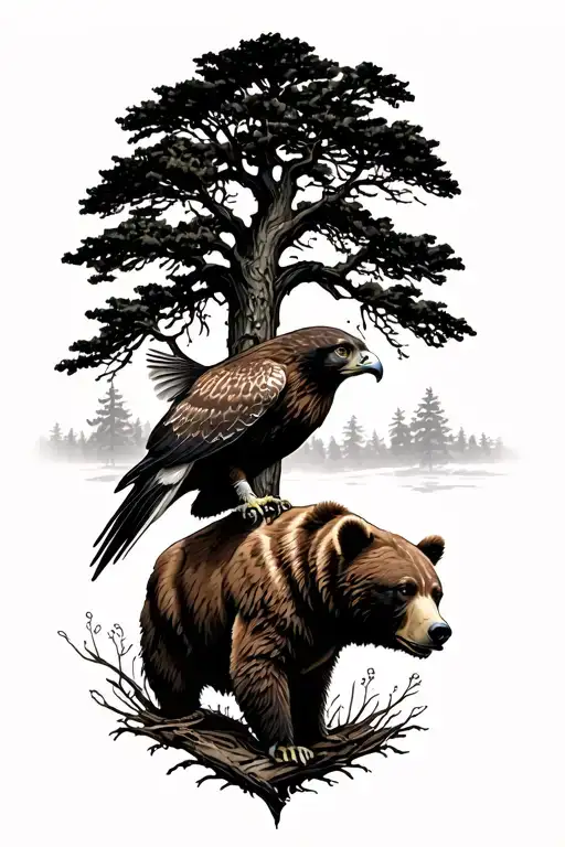 hawk soaring and brown Bear under a looming tree tattoo design idea