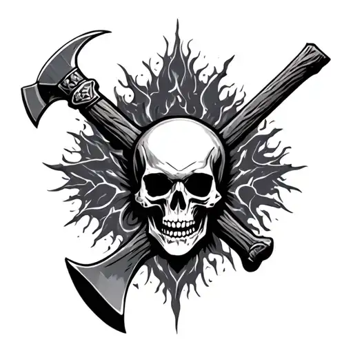 Skull, Axe, X, dark aura surrounding, black grey tattoo tattoo design idea