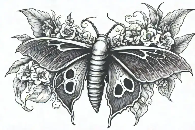 raven skull as body of a luna moth with belladonna, lily of the valley, and foxglove vining through tattoo design idea