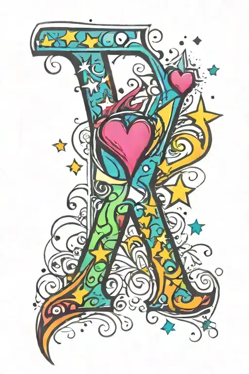 the letter k & the letter r with hearts and stars tattoo design idea