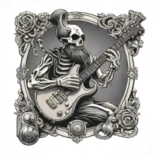bearded skeleton playing electric guitar with vintage microphone tattoo design idea